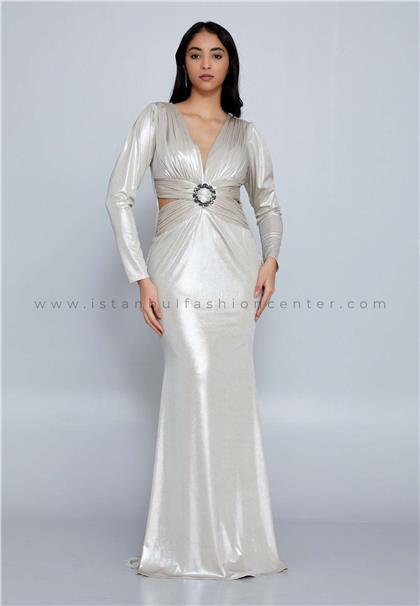 IVY SARMAŞIKLong Sleeve Maxi Lycra Column Regular Beige Wedding Guest Dress Ivy1526bej