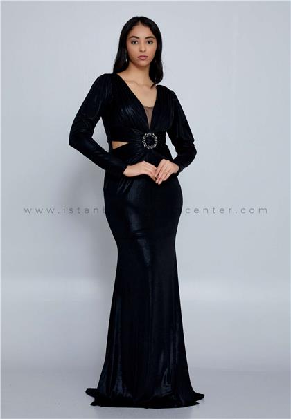 IVY SARMAŞIKLong Sleeve Maxi Lycra Column Regular Black Wedding Guest Dress Ivy1526syh