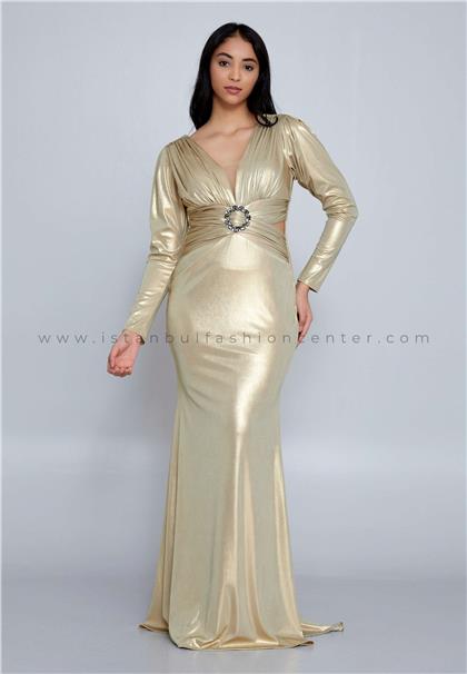IVY SARMAŞIKLong Sleeve Maxi Lycra Column Regular Gold Wedding Guest Dress Ivy1526gld