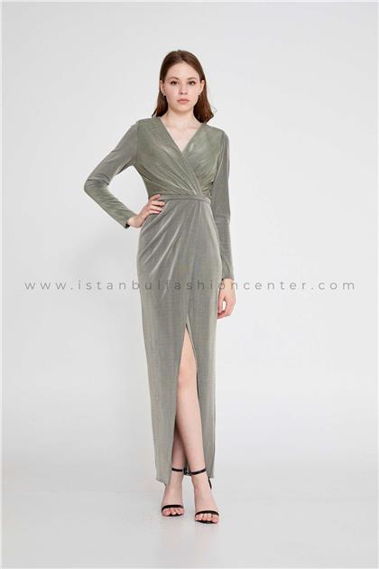 JAVELİN COLLECTIONLong Sleeve Maxi Lycra Column Regular Green Evening Dress Jvl15704hke