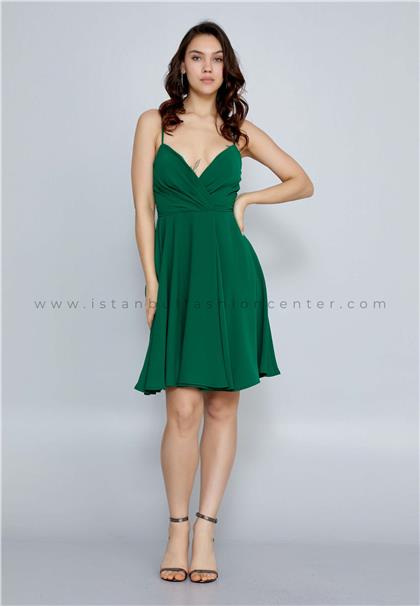 KEZZİSleeveless Mini Crepe Column Regular Green Evening Dress Kez2239ysl