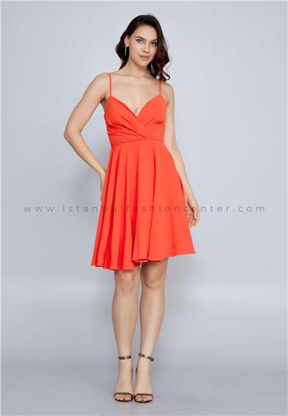KEZZİSleeveless Mini Crepe Column Regular Orange Evening Dress Kez2239orn