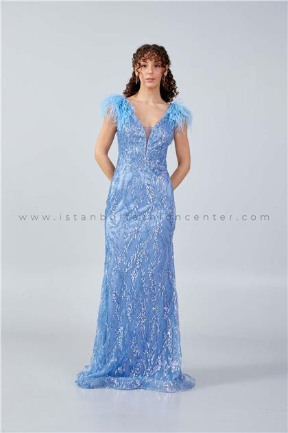 LADY GRACESleeveless Maxi Sequin Mermaid Regular Blue Wedding Guest Dress Lgr1050ınd