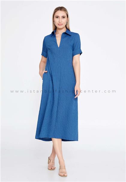 LALUCEShort Sleeve Midi Crepe Column Regular Blue Casual Dress Llcll.y23le294ınd