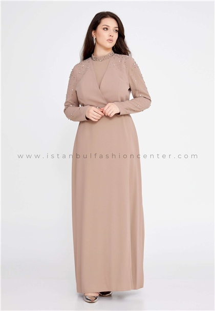 LE QUEENLong Sleeve Maxi Crepe Column Plus Size Beige Evening Dress Leq2141-bvız