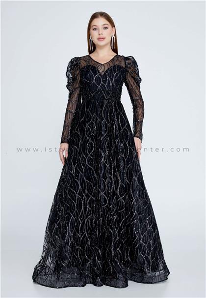LEONESSALong Sleeve Maxi Tulle A - Line Regular Black Prom Dress Lns3678syh
