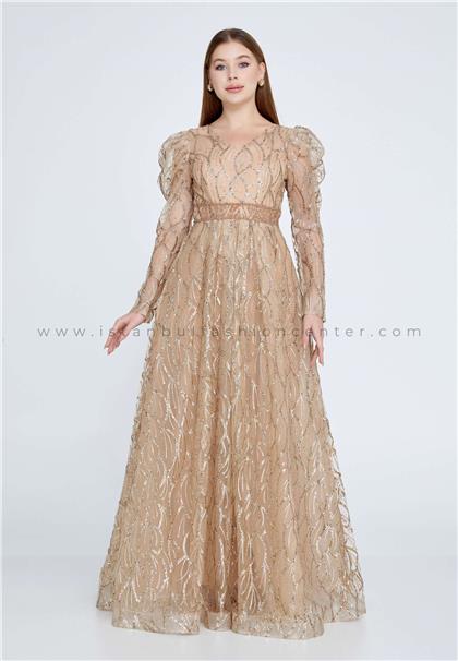 LEONESSALong Sleeve Maxi Tulle A - Line Regular Gold Prom Dress Lns3678gld