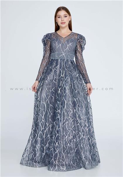 LEONESSALong Sleeve Maxi Tulle A - Line Regular Grey Prom Dress Lns3678ant