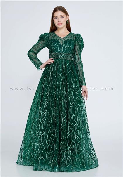 LEONESSALong Sleeve Maxi Tulle A - Line Regular Green Prom Dress Lns3678ysl