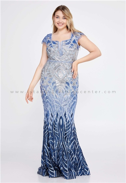 LEONESSAShort Sleeve Maxi Sequin Plus Size Blue-Grey Engagement Dress Lns5122mav