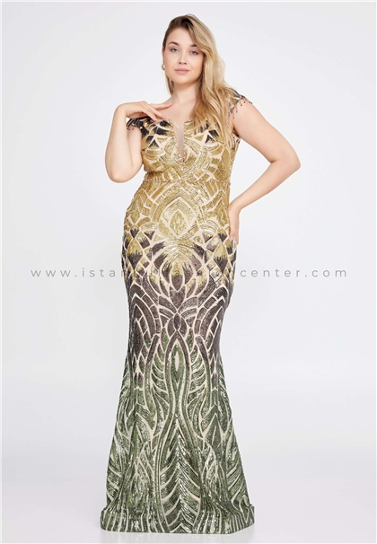 LEONESSAShort Sleeve Maxi Sequin Plus Size Green-Gold Engagement Dress Lns5122hak