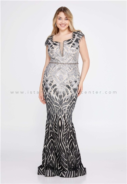 LEONESSAShort Sleeve Maxi Sequin Plus Size Black-Grey Engagement Dress Lns5122syh