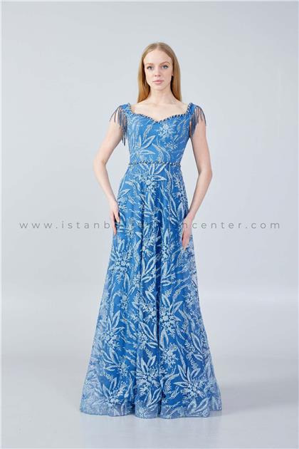 LEONESSASleeveless Maxi Tulle Column Regular Blue Prom Dress Lns3728ınd