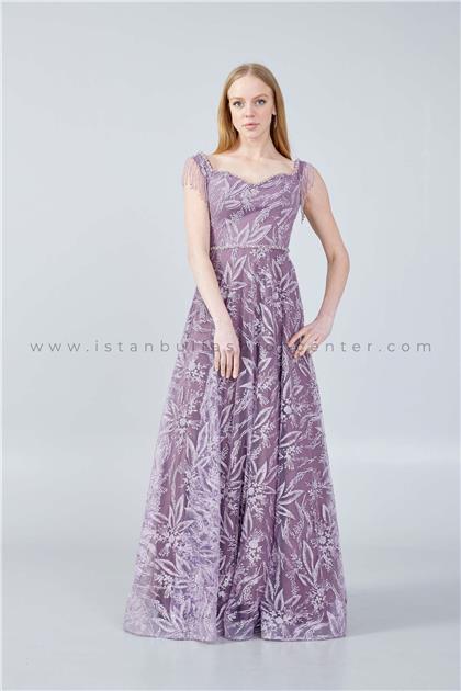 LEONESSASleeveless Maxi Tulle Column Regular Purple Prom Dress Lns3728lıl