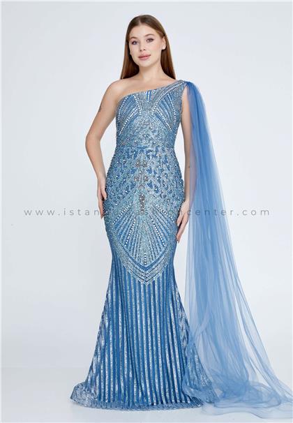 LEONESSASleeveless Maxi Tulle Mermaid Regular Blue Prom Dress Lns3716mav