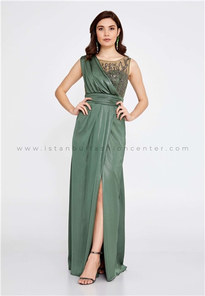 LOVERICASleeveless Maxi Lycra Column Regular Green Evening Dress Lvr3212hak