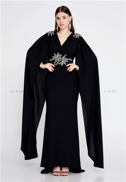 MATINILong Sleeve Maxi Crepe Mermaid Regular Black Wedding Guest Dress Mtn22114syh