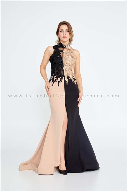MATINISleeveless Maxi Crepe Mermaid Regular Black-Beige Wedding Guest Dress Mtn22112sbj