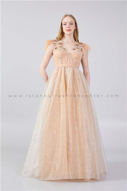 MATINISleeveless Maxi Tulle A - Line Regular Beige Prom Dress Mtn2272bej