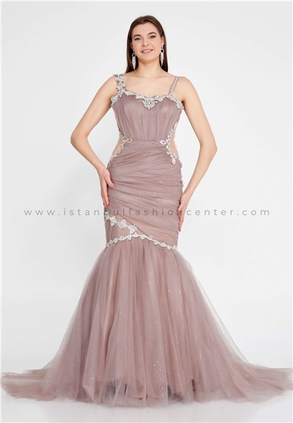 MATINISleeveless Maxi Tulle Fit & Flare Regular Beige Prom Dress Mtn2285cap