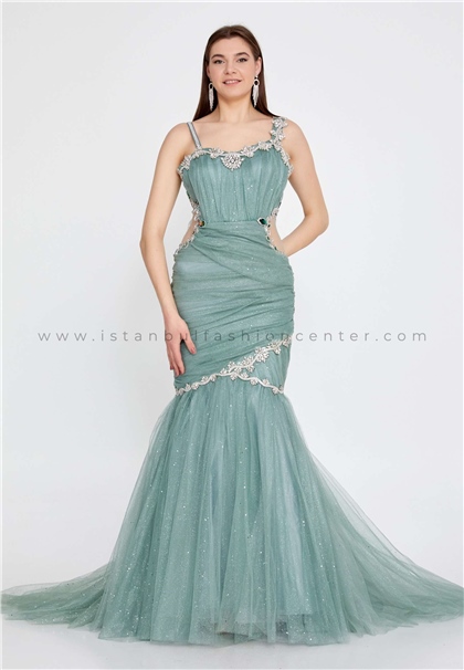 MATINISleeveless Maxi Tulle Fit & Flare Regular Green Prom Dress Mtn2285mın
