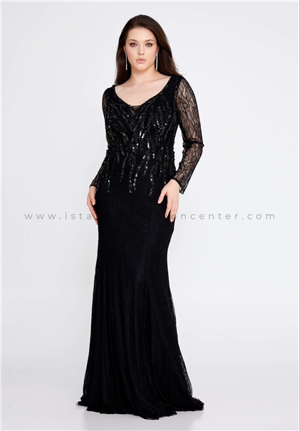 MAXRA GOVANALong Sleeve Maxi Lace Mermaid Plus Size Black Wedding Dress Mxg55536-1syh