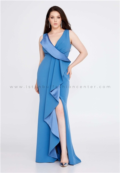 MAXRA GOVANASleeveless Maxi Crepe Mermaid Plus Size Blue Wedding Dress Mxg54753-1ınd