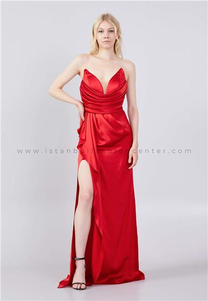 MAXXEStrapless Maxi Chiffon Column Regular Red Evening Dress Max5430satkır