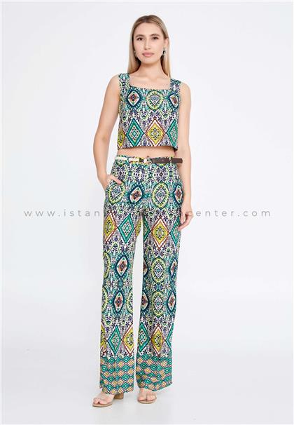 MEESSleeveless Viscose Patterned Regular Green Multicolor Two-Piece Outfit Mes05548ysl