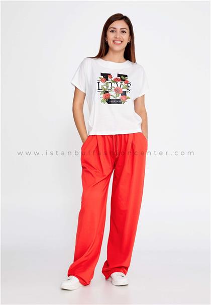 MİSSONYShort Sleeve Cotton Printed Regular White Red Two-Piece Outfit Msn2510kır