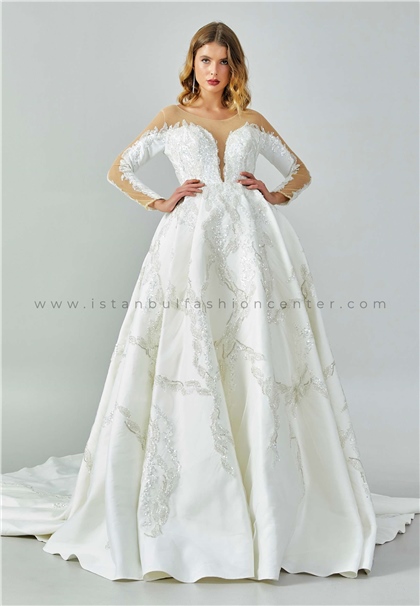 MULEYKE WEDDINGLong Sleeve Maxi Satin Regular Ecru Wedding Dress Mlymw-m0042kre