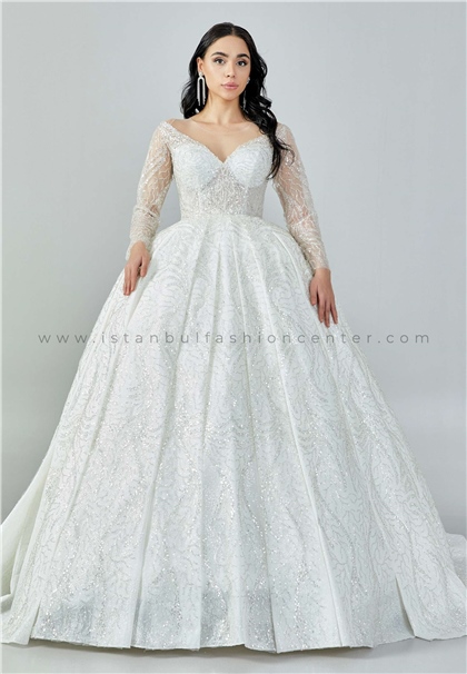 NALANS BRIDALLong Sleeve Maxi Sequin Regular Ecru Wedding Dress Nlspas23108byz