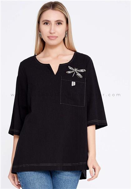NELLYMid-Length Solid Color Plus Size Black Blouse Nly230230002syh