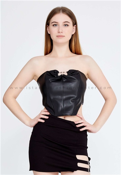 NİSALİNStrapless Solid Color Regular Black Blouse Nsntcp7051syh
