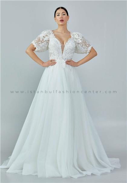NOOR BRIDALShort Sleeve Maxi Tulle Regular Ecru Wedding Dress Nor344kıb