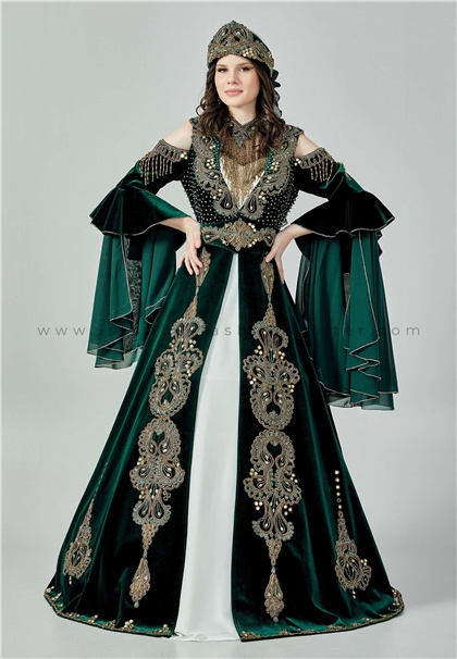 NUR MODA KAFTAN & BİNDALLIMid-Length Maxi Velvet Regular Green Engagement Dress Nmd2228ysl