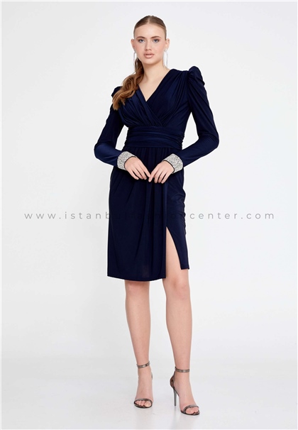 OLİSHALong Sleeve Midi Lycra Column Regular Navy Evening Dress Ols7918lac