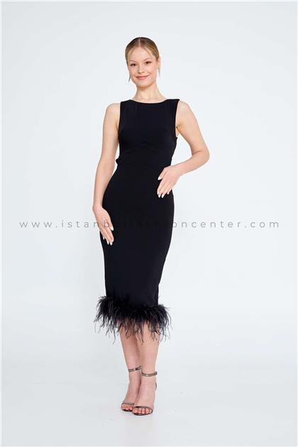 OLİSHASleeveless Midi Crepe Column Regular Black Evening Dress Ols7952syh