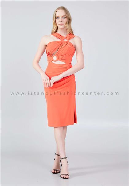 OLİSHASleeveless Midi Satin Column Regular Orange Evening Dress Ols7927orn