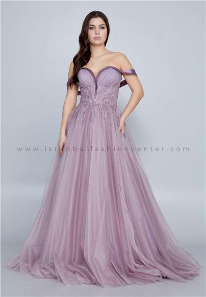 ÖMÜR INNOff Shoulder Maxi Tulle A - Line Regular Purple Prom Dress Omn620ley