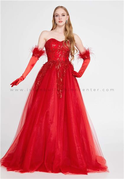ÖMÜR INNOff Shoulder Maxi Tulle A - Line Regular Red Prom Dress Omn439kır