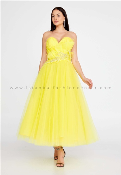 ÖMÜR INNStrapless Midi Tulle A - Line Regular Yellow Prom Dress Omn407sar