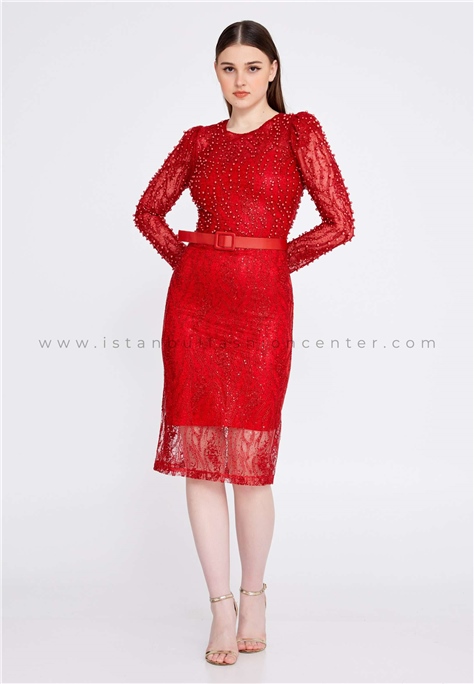 ONS LINELong Sleeve Midi Lace Column Regular Red Evening Dress Ons7254kır