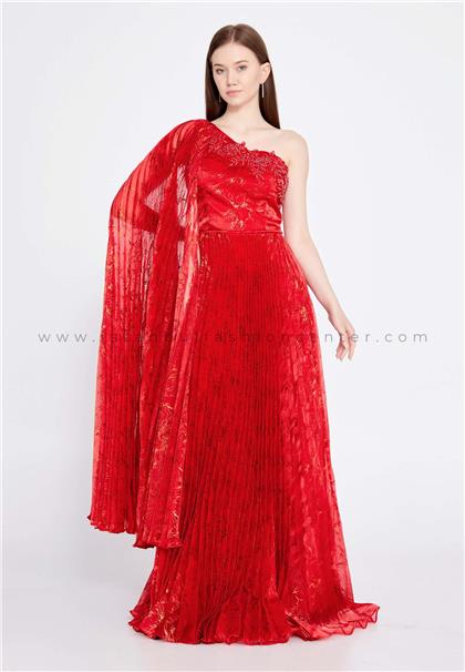 ONS LINEOne Shoulder Maxi Tulle A - Line Regular Red Prom Dress Ons12966kır
