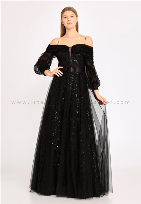 POP LINE Off Shoulder Maxi Tulle A - Line Regular Black Prom Dress Ppl00870syh