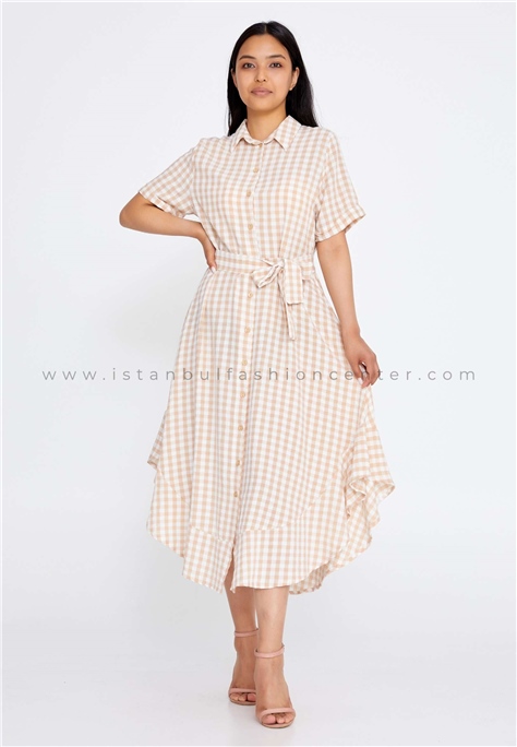 PUERTOShort Sleeve Midi Cotton Column Regular Beige-Ecru Casual Dress Prt22ye041bej
