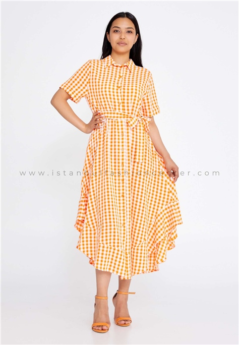 PUERTOShort Sleeve Midi Cotton Column Regular Orange Casual Dress Prt22ye041orn
