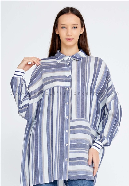 QİMENELong Sleeve Striped Regular Blue-Ecru Shirt Qmn23qs4037mav