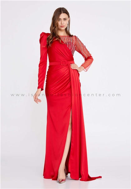 RAMONNA LIFELong Sleeve Maxi Satin Column Regular Red Wedding Dress Rmn3220kır