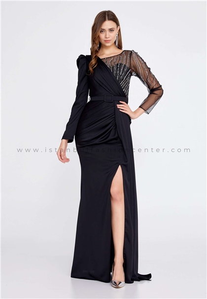 RAMONNA LIFELong Sleeve Maxi Satin Column Regular Black Wedding Dress Rmn3220syh